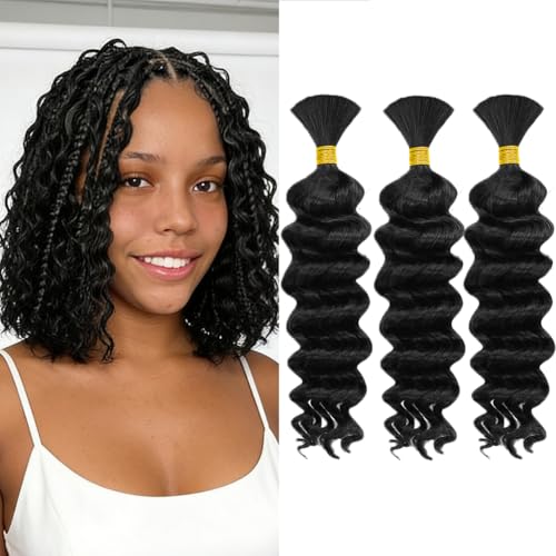 Deep Wave Human Hair for Braiding - 3 Bundles, 12 Inches, Natural Black 1B, Wet & Wavy