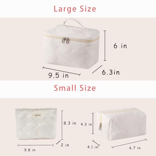 3Pcs White Shell Quilted Cotton Makeup Bag Set - Travel & Organizing Accessories