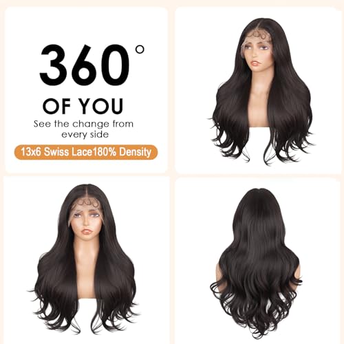 20 Inch Synthetic Lace Front Wig for Black Women - Body Wave, Natural Black, Pre Plucked, Long Straight, Layered, Variation of Natual Black-BW