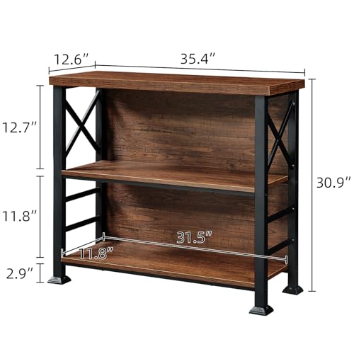 Hombazzar 3-Tier Short Bookcase, 35.4” Wide Rustic Brown Storage Shelf