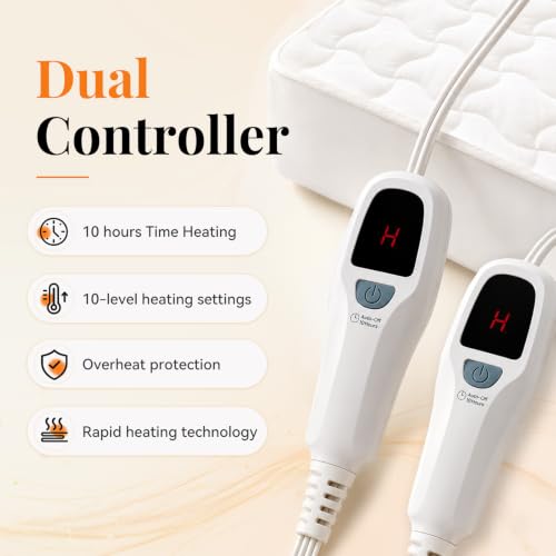Queen Size Heated Mattress Pad with Dual Controls - Auto Shut Off & Fast Heating - White
