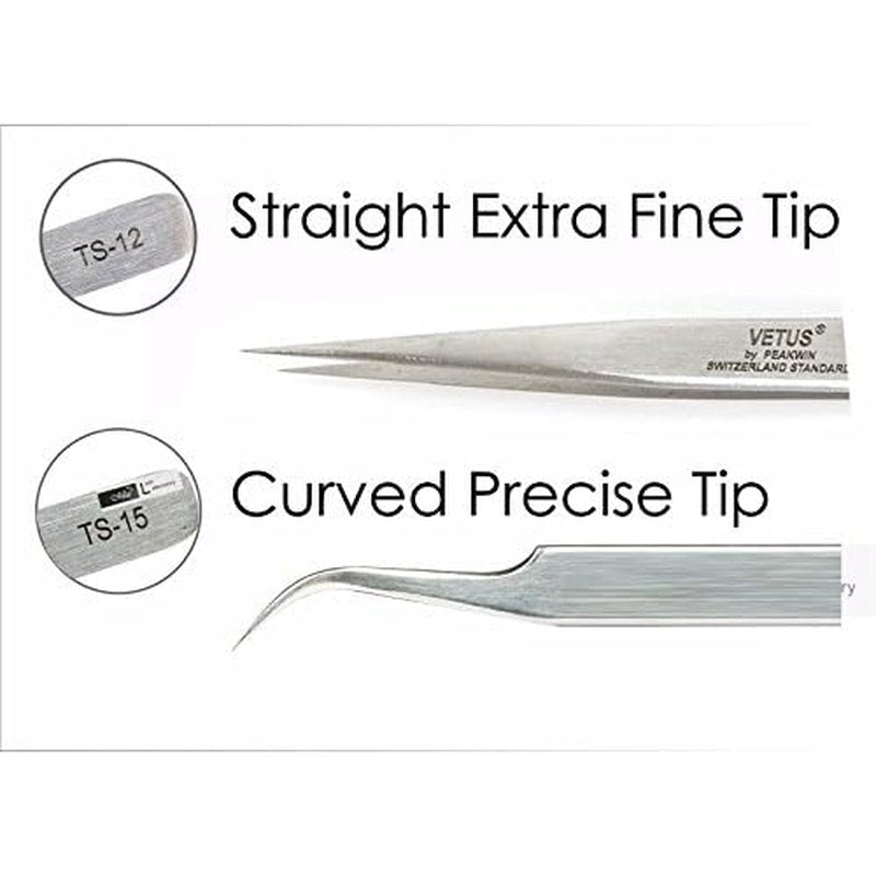 Best Pair VETUS TS12 TS15 Precise Straight Curved Tweezers For Eyelash Extension (one pair)