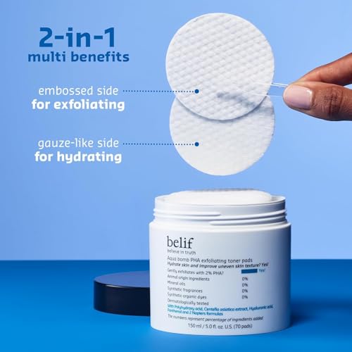 belif PHA 2% Toner Pads Unscented 70 Count - Gentle Exfoliating & Hydrating Facial Pads for Sensitive Skin