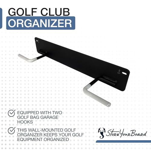 Wall Mount Golf Bag Storage Rack for 2 Golf Bags - Heavy Duty Steel, Rubber-Coated Hooks