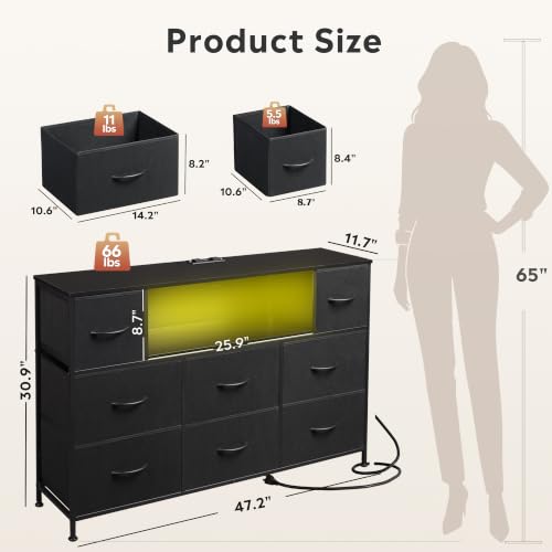 LED TV Stand for 55 Inch TV with 8 Drawers, RGB Ambient Lighting, Black - Adjustable & Durable