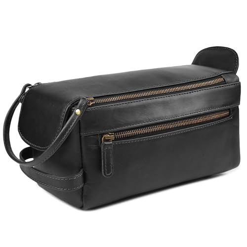 Full Grain Leather Toiletry Kit for Men & Women ? Travel Toiletries & Shaving Bag Organizer, Water-Resistant Grooming Case for Bathroom, Makeup & Cosmetic Storage - Midnight Black