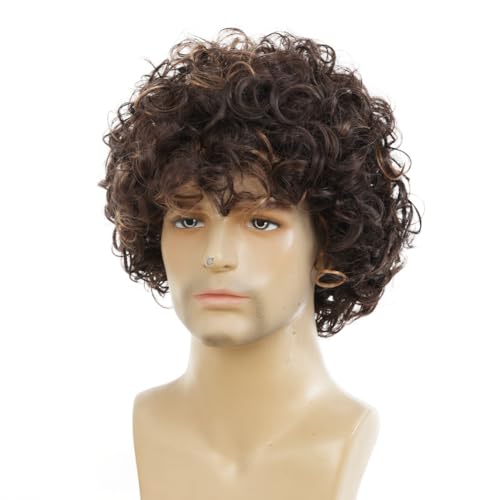 Dark Brown Curly Afro Wig Short Fluffy Men’s Cosplay Wigs - Brown Mixed Blonde Variation