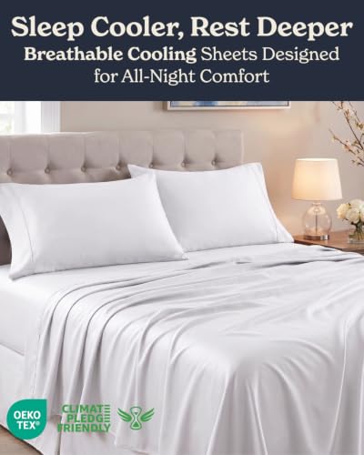 Queen Cooling Bed Sheet Set - White, 4-Piece for Hot Sleepers - Beckham Hotel Collection