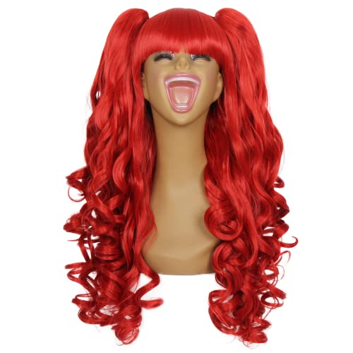 Red Long Curly Wig with Removable Pigtails for Cosplay Women Girls - Halloween Party