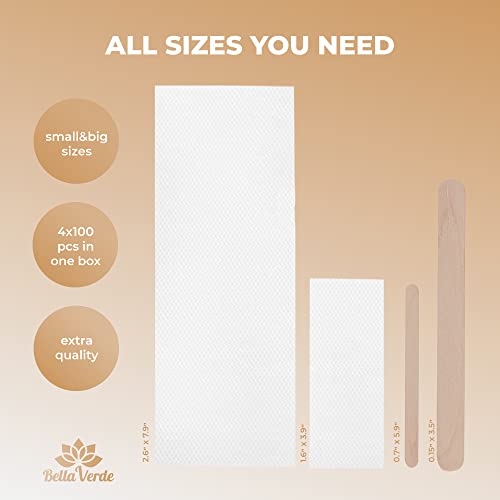 Bella Verde Wooden Wax Applicator Sticks and Non-Woven White Wax Strips - Wooden Waxing Spatulas - Large - 400 count - Hair removal - For Men - Women - Brazilian Eyebrow Home Body Waxing - Prime