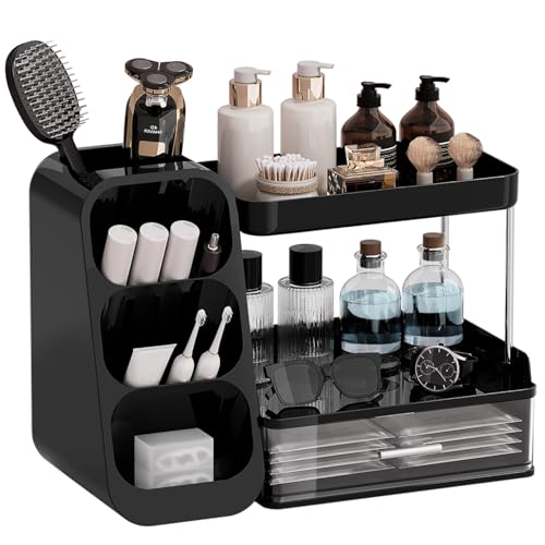 Makeup Organizer for Vanity with Brush Holder, 2 Tiers Countertop Skincare and Cologne Organizer for Bathroom Vanity, Large Capacity Makeup Storage, Black