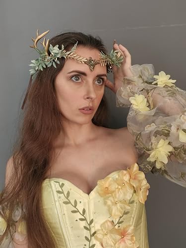 Woodland Antler Crown Fairy Headpiece for Women Renaissance Cosplay Halloween