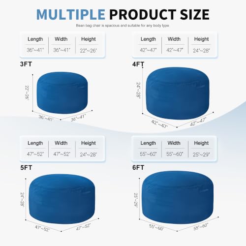 5FT Large Blue Bean Bag Chair for Adults - Washable Cover & Memory Foam