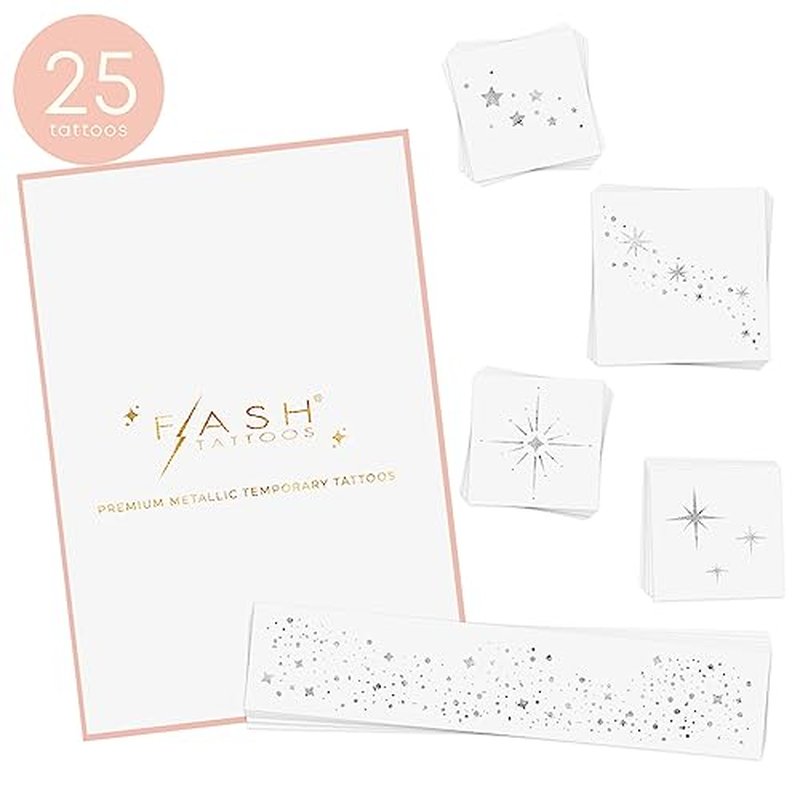 Flash Tattoos Starlight Temporary Tattoos | 25 Temporary Tattoos | Premium Waterproof Metallic Silver Glitter Face Sparkle, Freckles