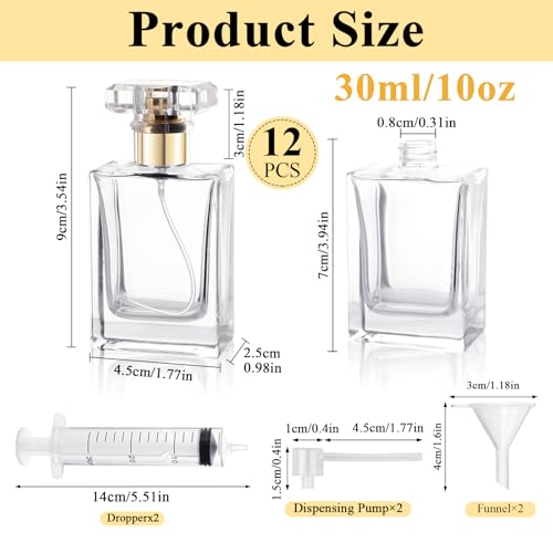 12 Pack 10oz Refillable Glass Perfume Spray Bottles with Droppers & Funnels