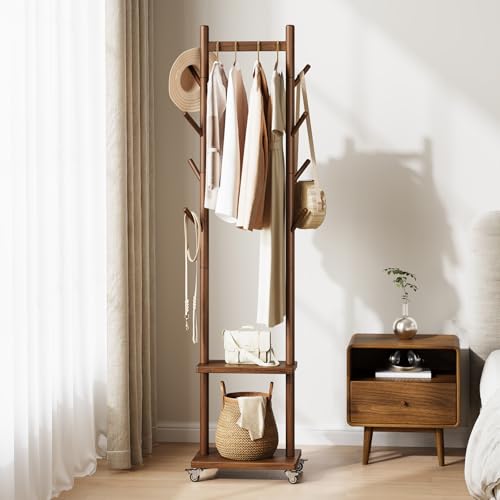 Yoobure Walnut Freestanding Coat Rack with 8 Hooks & Shelves - Portable Wooden Clothing Stand, 15.8"