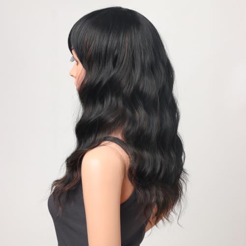 18 Inch Wavy Synthetic Wig with Bangs - Black with Brown Highlights, Heat Resistant, Natural Look, Comfortable Fit
