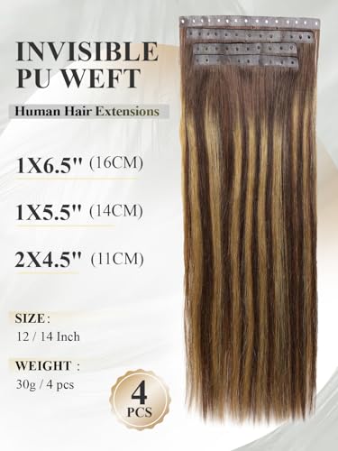 Hair Extensions T4/27 Honey Blonde Highlight 12 Inch 30g - Invisible PU Tape-in, Remy Human Hair, Beaded & Glueless - Female
