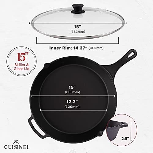 15-Inch Cast Iron Skillet with Glass Lid & Handle Cover - Pre-Seasoned Kitchen Cookware