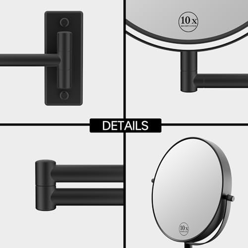 8-Inch Wall Mounted Makeup Mirror - Matte Black No Lights, 1X & 10X Magnification