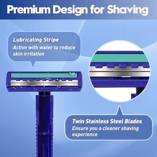 Twin Blade Disposable Razors for Men & Women ? Bulk 135 Pack Stainless Steel Shavers with Lubricating Strip, Safety Cap & Non-Slip Handle for Sensitive Skin, Travel, Hotel, Charity ? Blue