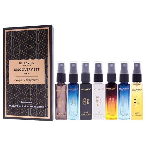 BellaVita Men's Perfume Gift Set - 7 Mini Colognes with Oud, Patchouli, and Bergamot