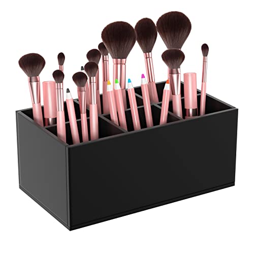 HIIMIEI Black Makeup Brush Holder Organizer Acrylic 6-Slots Cosmetic Brushes Storage Organizer for Vanity Countertop