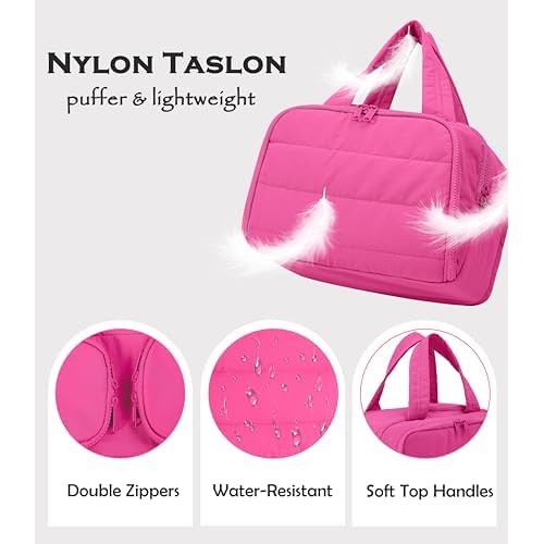 Travel Toiletry Bag for Women, Large Wide-open Puffy Cosmetic Makeup Bag with Wet-Dry Separation, Multi-Pocket Organizer with Carry Handle for Toiletries, Cosmetics, Essentials, Rose Red