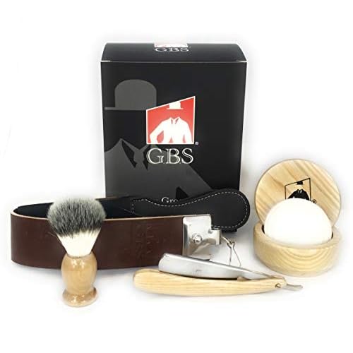 G.B.S Natural Wood Shaving Set with Straight Razor, Synthetic, Shave Brush, Animal Free, Beechwood Shave Bowl and Natural Soap