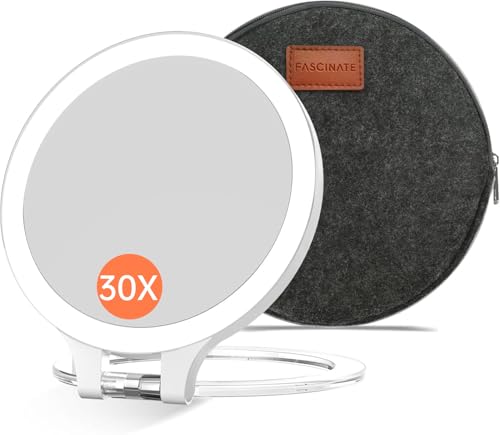 FASCINATE 6.5'' White Travel Magnifying Mirror with Light, 30X Dual-Sided & Rechargeable