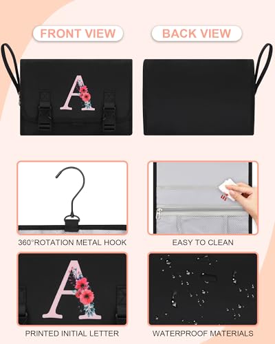 Relavel Hanging Toiletry Bag with Initials - Black Travel Organizer
