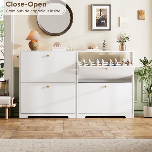 Nicetree White Shoe Cabinet with 2 Flip Drawers, Narrow Entryway Organizer