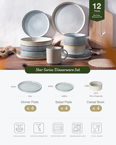 Famiware Star Stoneware Dinnerware Set for 4 - Reactive Glaze Plates & Bowls, Cappuccino & Smoky Blue, 12 Pieces