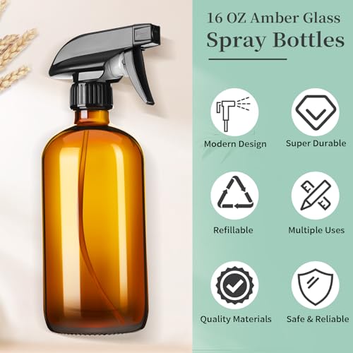 16oz Amber Glass Spray Bottles Set with Adjustable Nozzle - Refillable for Essential Oils, Cleaning, Pets & Hair