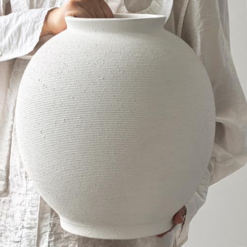 13-Inch White Ceramic Vase - Oval Sandstone Finish, Large Farmhouse Decor