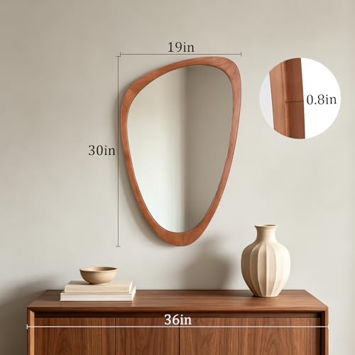 Walnut 30x19 Inch Asymmetrical Wooden Wall Mirror - Pebble-Shaped Mid-Century Decor