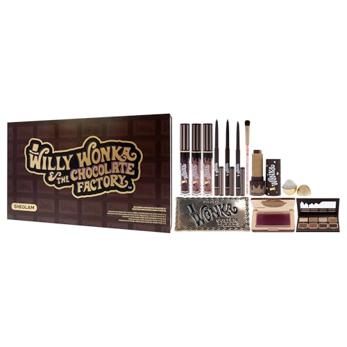 Sheglam Willy Wonka The Chocolate Factory Full Collection Set for Women - 12 Pc Gift Set with Golden Egg Solid Perfume, Eyeshadow Palette, Lip Balm, Blush, Lip Gloss, Lip Liner, Brush & Golden Ticket