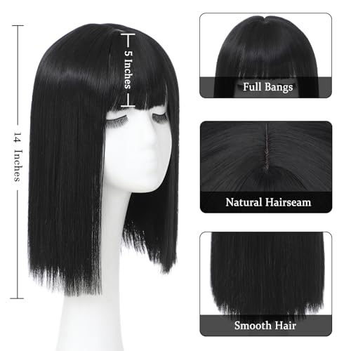 Black Synthetic Bob Wig with Bangs - Heat Resistant 14 Inch Short Straight Cosplay Hair for Women & Girls - Variation: Black