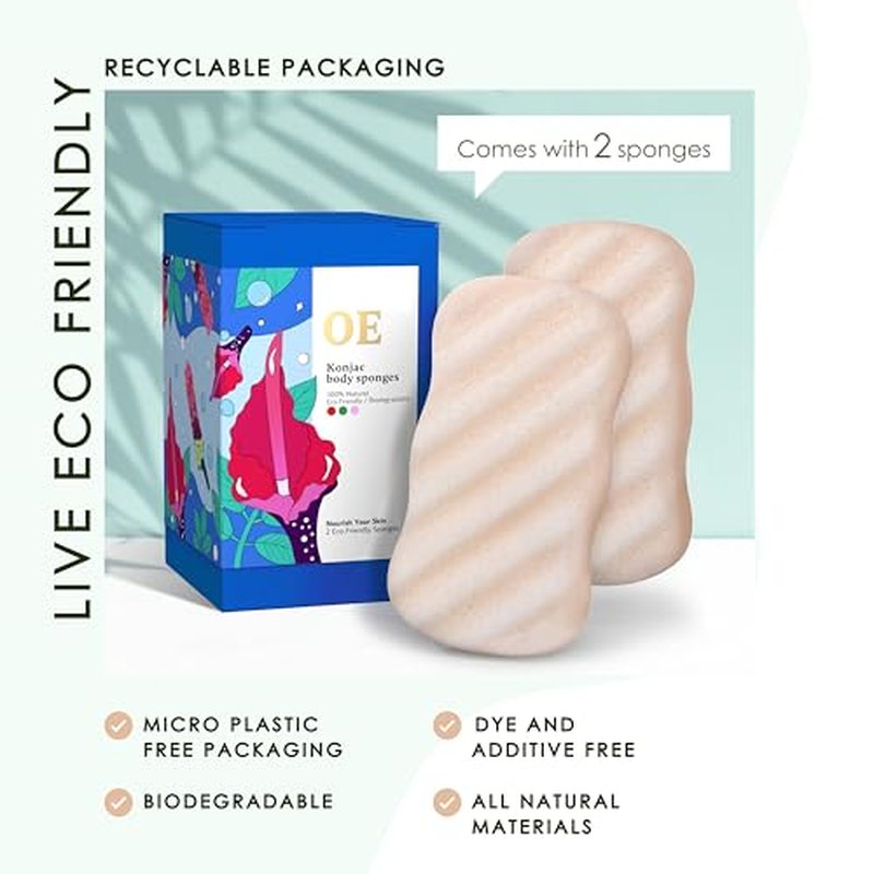 Konjac Sponge Body (2 Pack) | Microplastic Free 100% Natural | Non-Toxic | Biodegradable | Eco-Friendly | Plastic Free Packaging
