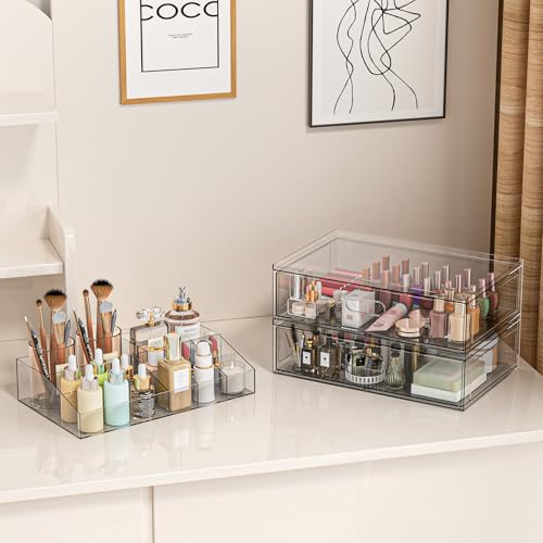 Clear Stackable Makeup Organizer with 2 Large Drawers - 12''W Acrylic Storage (4 Pack) by Aurblozen