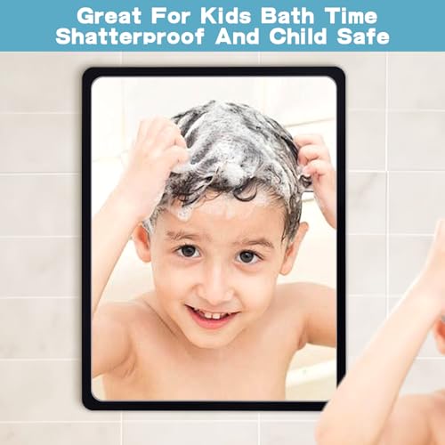 Fog Free Shower Mirror (9 * 7 inch) 3M Adhesive Anti-Fog Bathroom Wall Mirror, Fogless Shower Makeup Mirror for Shaving, Shatterproof Glassless Child Safe Mirror (Rectangular Black Frame)