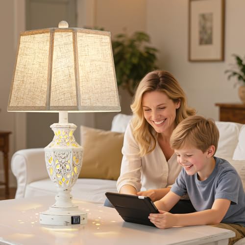 Cream Boho Bedside Lamp Set of 2 with USB-C & Nightlight - Rustic Farmhouse Table Lamps for Bedroom