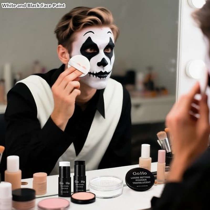 Go Ho White and Black Face Paint Stick with Setting Powder,2 PC White Sponges Set,Waterproof Full-coverage Face Body Paint for Halloween Costumes Clown Skeleton Vampire Skull Cosplay Makeup