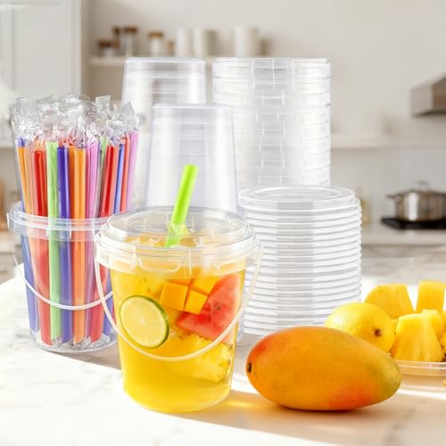 Disposable Cups with Lids and Straws - 100 Sets, 34oz, Colorful Straws Included