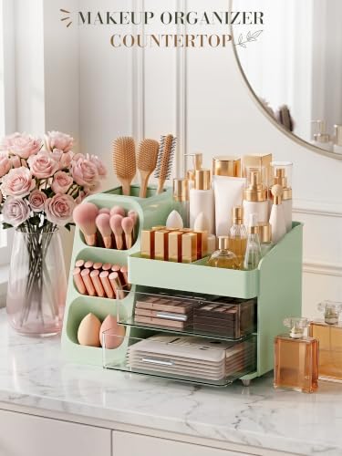 Green Large Makeup Organizer for Vanity and Countertop Storage