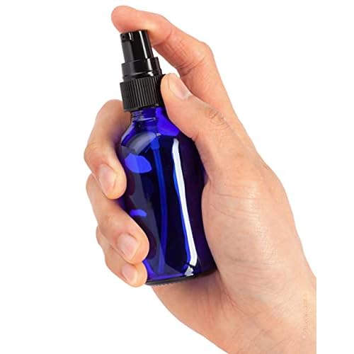 JUVITUS 2 oz Cobalt Blue Glass Boston Round Black Treatment Pump Bottle (24 Pack) + Travel Size Foamer for Soap