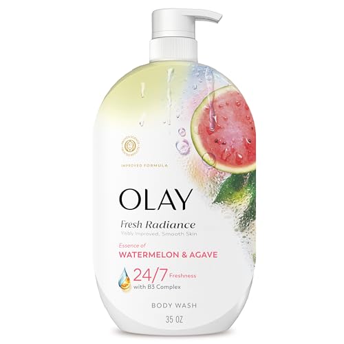 Olay Body Wash for Women, Fresh Radiance, 24/7 Skin-Loving Freshness, Visibly Radiant, Plant Based Cleansers, Vitamin B3 & Antioxidant Blend, For All Skin Types, Watermelon & Agave Scent, 35 fl oz