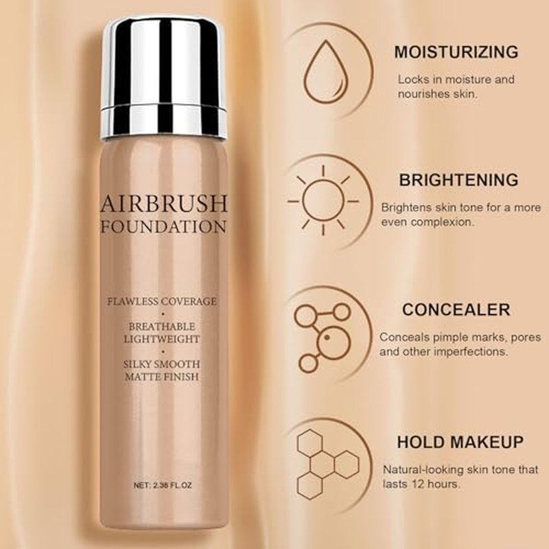 Airbrush Foundation Makeup Spray, Long Lasting Waterproof Full Coverage Foundation for Brighten, Concealer and Hydrating, Natural Matte Finish, Brush and Makeup Sponge Include, 2.36oz (#1 Natural)