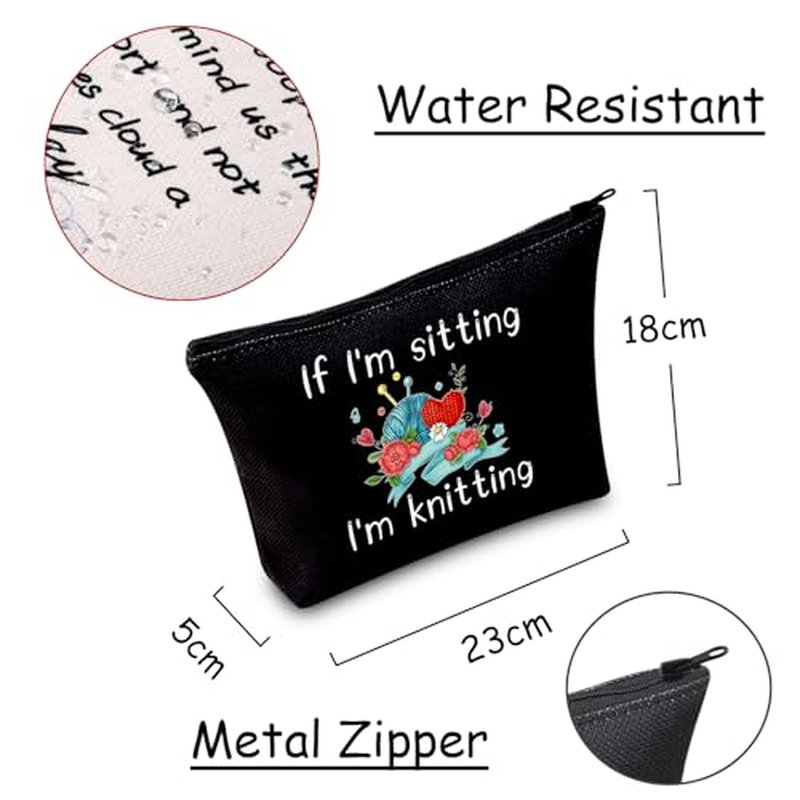 JXGZSO Funny Knitting Gift If I'm Sitting I'm Knitting Cosmetic Bag With Zipper Knitting Project Bag Crochet Lover Gift (I'm Sitting I'm Knitting Black)