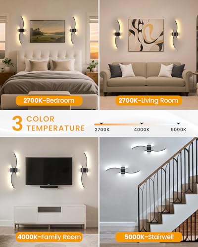 NIORSUN Black 27.6 Inch Rechargeable Wireless Wall Sconce Set of 2 with Remote, Dimmable & 3CCT, Modern LED Wall Lights for Living Room & Bedroom